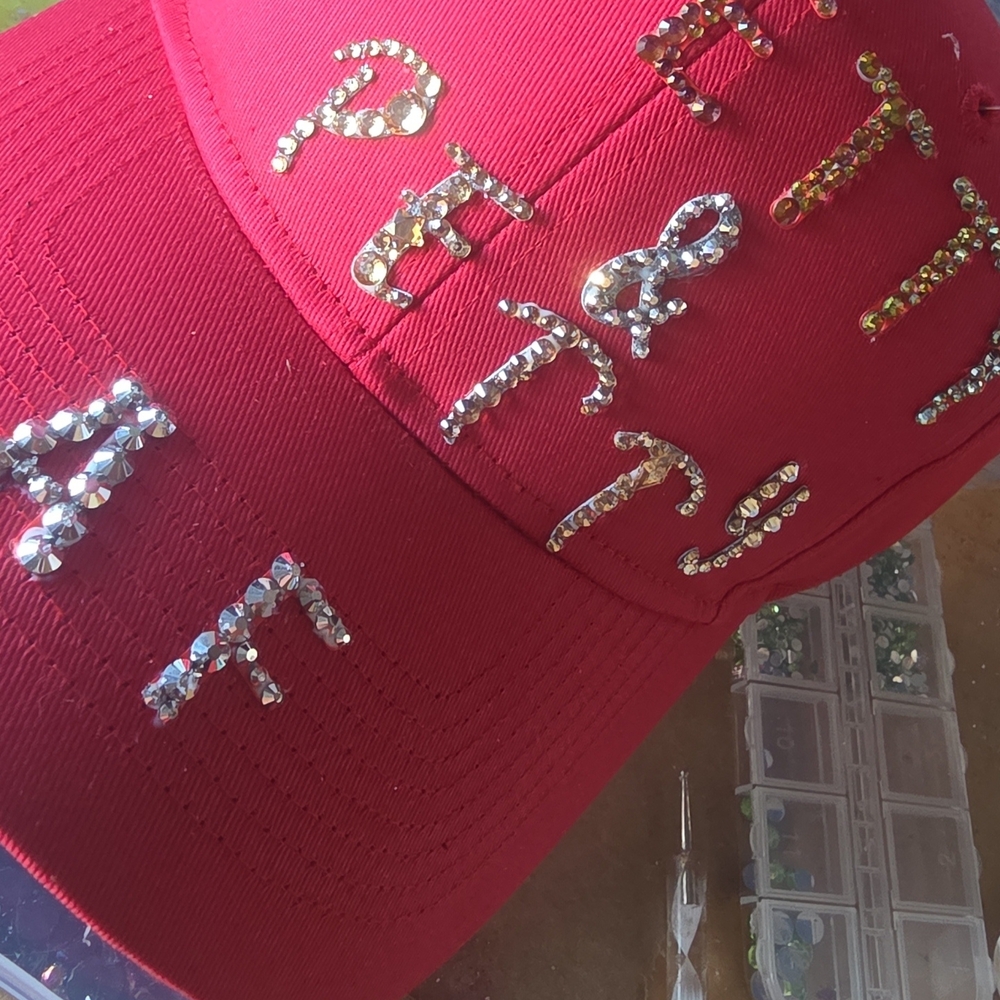 Red Baseball Cap with Crystal Letter Embellishments